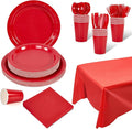 Ottin 169PCS Red Christmas Party Supplies for 24 Guests – Disposable Paper Plates, Napkins, Cups, Forks, Knives, Spoons & Tablecloth for Birthday, Wedding, Thanksgiving, Christmas, and New Year