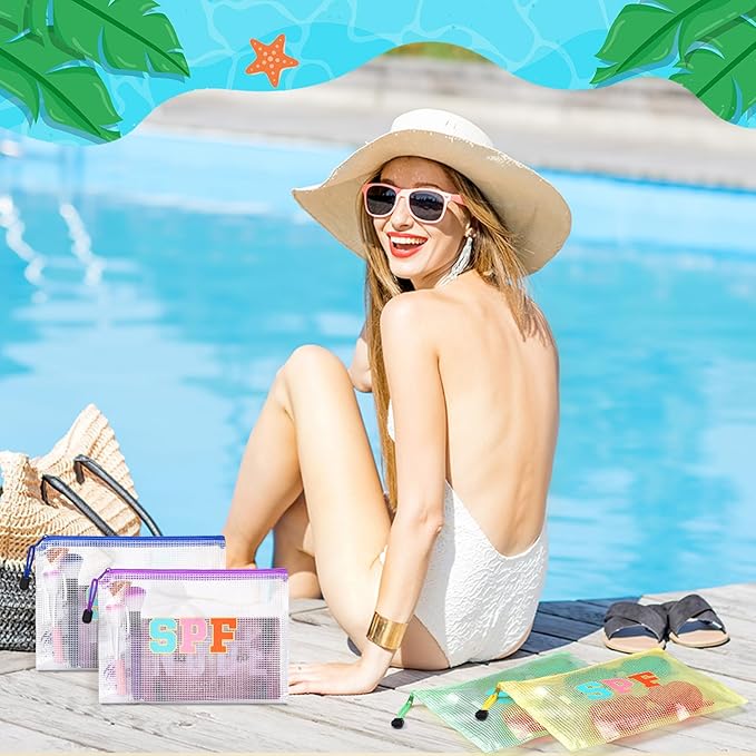 Kacctyen 12 Pcs Sunscreen Bag Clear Makeup Bag Beach Vacation Essentials Summer Pool Waterproof Toiletry Pouch Portable Preppy Letter Mesh Zipper Organizer for Women Family Travel Gifts(Pink,Spf)