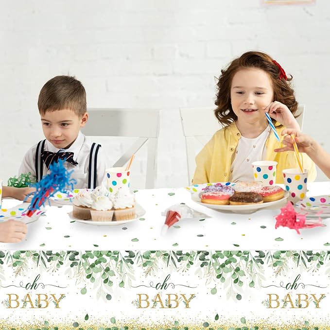 3 Pieces Sage Greenery Oh Baby Tablecloths for Baby Shower Party Decorations Plastic Disposable Gold Foil Eucalyptus Leaf Table Covers for Rectangle Tables Sage Boho Woodland Neutral Party Supplies