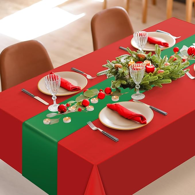 12 Pack 12x108 Inch Satin Table Runner and 84 Inch Rectangle Plastic Tablecloths Set Christmas Red and Green Disposable Table Cloth for New Year Christmas Wedding Holiday Anniversary Party Decorations