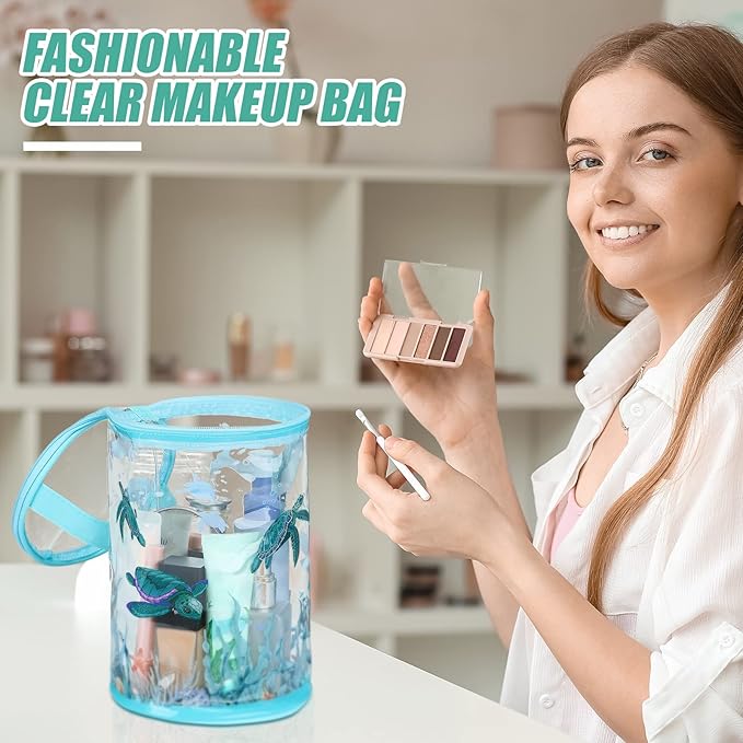 Sanwuta Beach Gifts Heavy Duty Clear Lotion Toiletry Bags for Travel Sunscreen Makeup Cosmetic Pouch Cylinder Bag Waterproof Portable Trip Bag with Handle Zipper(Turtle)
