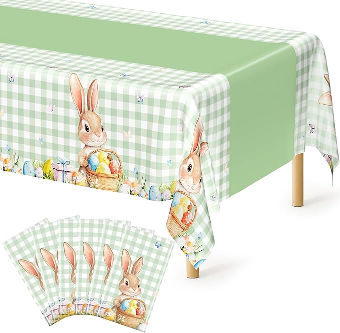 6 Pack Easter Tablecloth, 54" x 108" Disposable Easter Decorations Spring Tablecloth, Sage Green Bunny Plaid Easter Table Cloths, Rectangle Plastic Table Cover for Spring Party Decorations Supplies