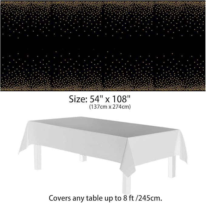 12 Pack Plastic Tablecloths for Rectangle Tables, Black and Gold Waterproof Disposable Party Table Cloths, Table Covers for Decorations, Graduation, Birthday, Cocktail Party, 54" x 108"