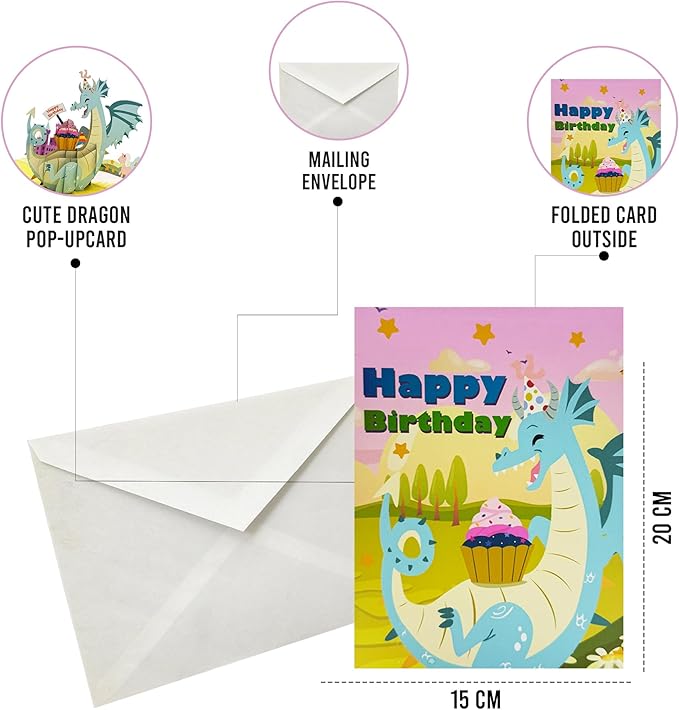 Happy Birthday Cute Dragon Pop-Up Card | Adorable 3D Popup Design for Kids & Adults | Perfect Birthday Greeting Card for Parties, Celebrations & Special Moments | Unique 3D Birthday Pop Up Card Gift