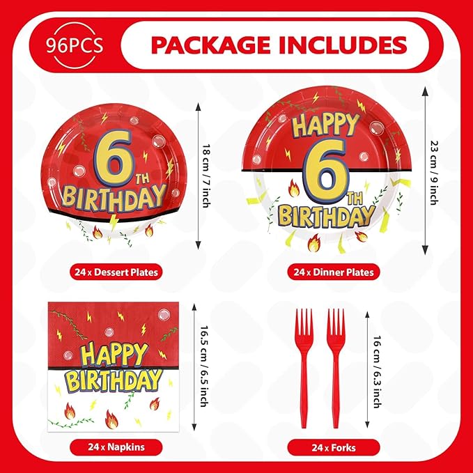 Grencian 96Pcs Happy 6th Birthday Party Supplies Cartoon Anime Themed Paper Plates and Napkins Tableware Sets Red and White Decoration for 6 Year Old Birthday Kids Children Party Serves 24