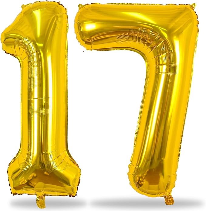 Gold Number 17 Mylar Foil Balloons, 40 Inch Giant Gold 17th Birthday Balloons for Boys Girls, Gold Number 1 & 7 Helium Balloon for Women Men 17th Anniversary Party Decorations Supplies