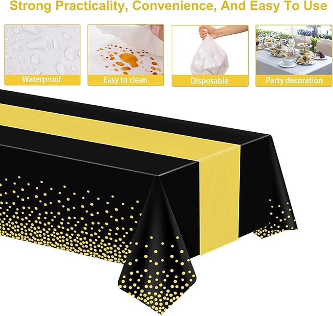 12 Pack Black Gold Tablecloth and Table Runner Set Party Decorations, Plastic Disposable Tablecloth and Satin Table Runner for Wedding Birthday Party (Black Gold)