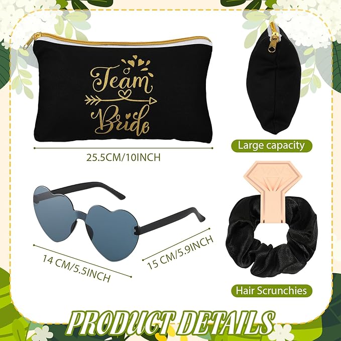 Sweetude 27 Pcs Bridesmaid Proposal Gift Bride Cosmetic Makeup Bags Bridal Hair Scrunchies Ties Heart Shape Sunglasses for Wedding Bachelorette Party Favor(Black, White)