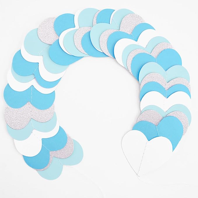 GCQQ Light Blue White Party Decoration - 52FT Glitter Blue Sliver Heart Garland 4 Packs Boy Girl Birthday Hanging Streamers for Valentine's Day Wedding Bachelorette Bridal Baby Shower Graduation Decor