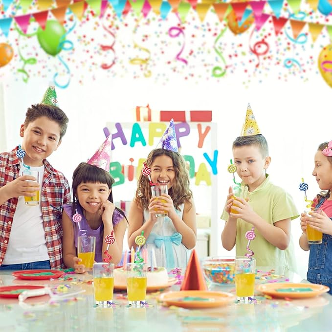 Candyland Party Supplies Drinking Plastic Straws Reusable 24 for Kids Sweet Candy Lollipop Birthday Party Favors with 2 Cleaning brush