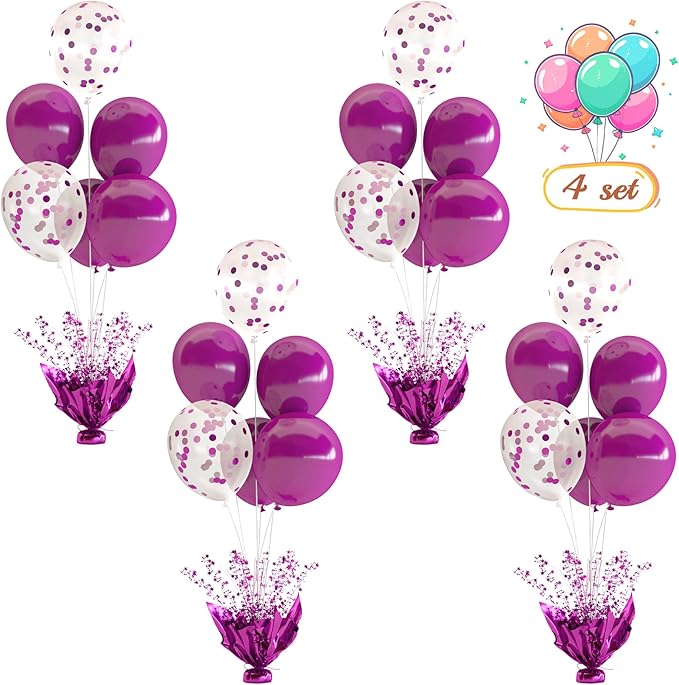 4 Set Purple Table Balloons Centerpiece with Purple and Confetti Balloons Stand Kit for Birthday Party Baby Shower Wedding Bridal Shower Prom Cake Table Decorations