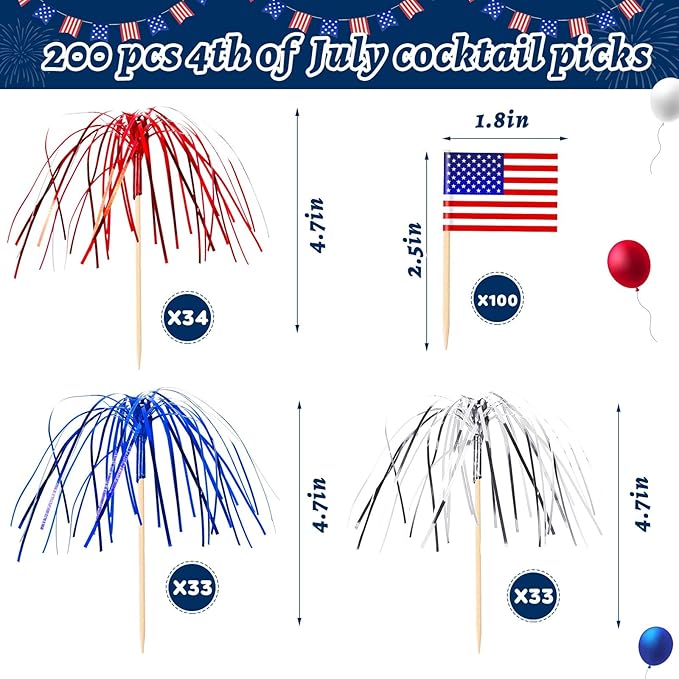 200Pcs 4th of July Cupcake Toppers, Patriotic Firework Cocktail Picks Independence Day American Flags Toothpicks Fruit Skewers for 4th of July Party Drinks Red White and Blue Decorations