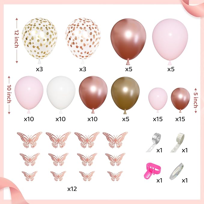 Amandir 134pcs Rose Gold Balloons Baby Shower Decorations for Girl Boxes, Butterfly Stickers Balloon Garland Arch Kit Baby Box with Letter (A-Z+Baby) for Women Birthday Bridal Party Decoration