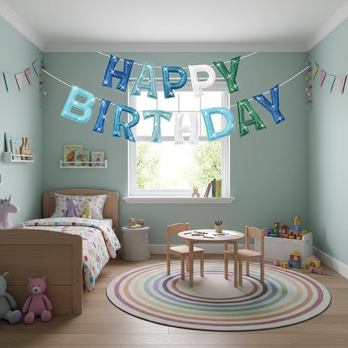 Tegeme Felt Happy Birthday Banner, Teal Glitter Turquoise Happy Birthday Garland Reusable Colorful Rainbow Decoration for Woman, Man Party Photo Prop