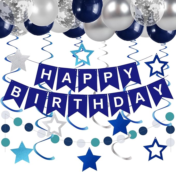 ZHENGYE Blue Birthday Decorations Set Happy Birthday banner Hanging Swirls Circle Dot Garland Confetti Latex Balloon Birthday Party Decoration Supplies