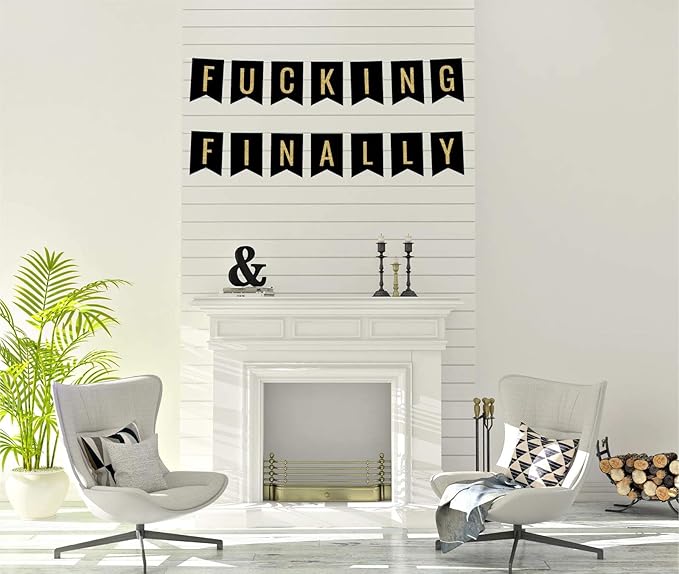 Andaz Press Faux Gold Glitter on Black Bridal Shower Bachelorette Party Banner Decorations, Fucking Finally, Approx 5-Feet, 1-Set, Colored Hanging Pennant Decor