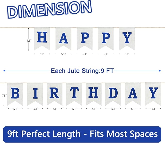 Happy Birthday Banner - Pre‑Strung Burlap Birthday Decorations and Reusable Birthday Sign for Men, Women & Kids | Party Supplies Backdrop (Navy Blue)