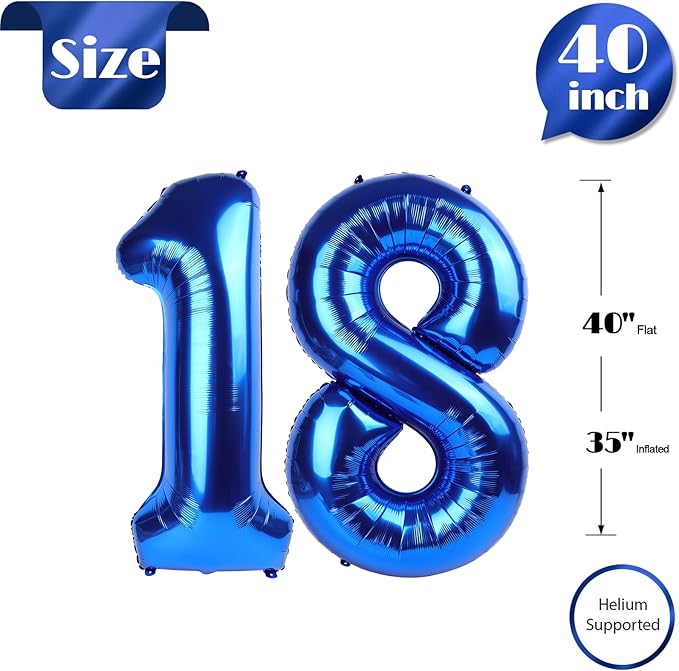 18 Balloon Number, Metallic Blue Number 18th Birthday Balloons 40 Inch, 18 Years Old Metallic Blue Birthday Decorations for Boys Girls, 18th Anniversary Decorations