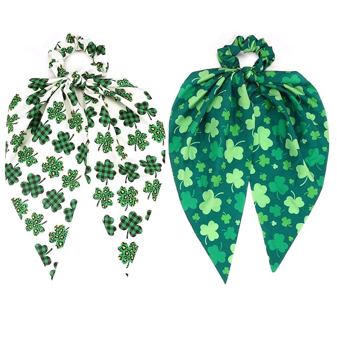 St.Patrick's Day Hair Ties for Woman Girls Green Shamrock Ribbon Hair Scrunchies Elastic Irish Lucky Leaf Hair Tie St.Patricks Party Supplies Hair Accessories 2PCS