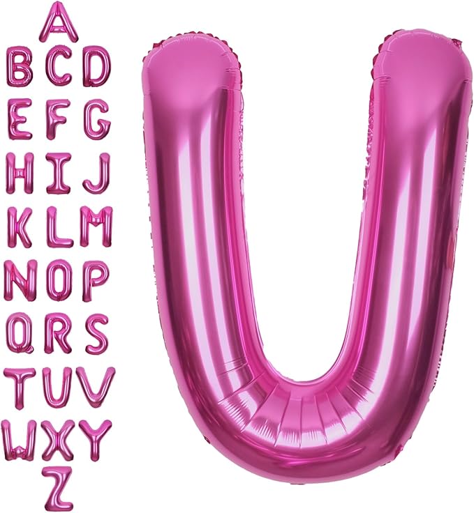SUWEN 40 Inch Hot Pink Large U Letter Balloons Big Foil Helium Letter Balloons A-Z Jumbo Mylar Happy Birthday Party Decorations for Woman Anniversary Party Supplies