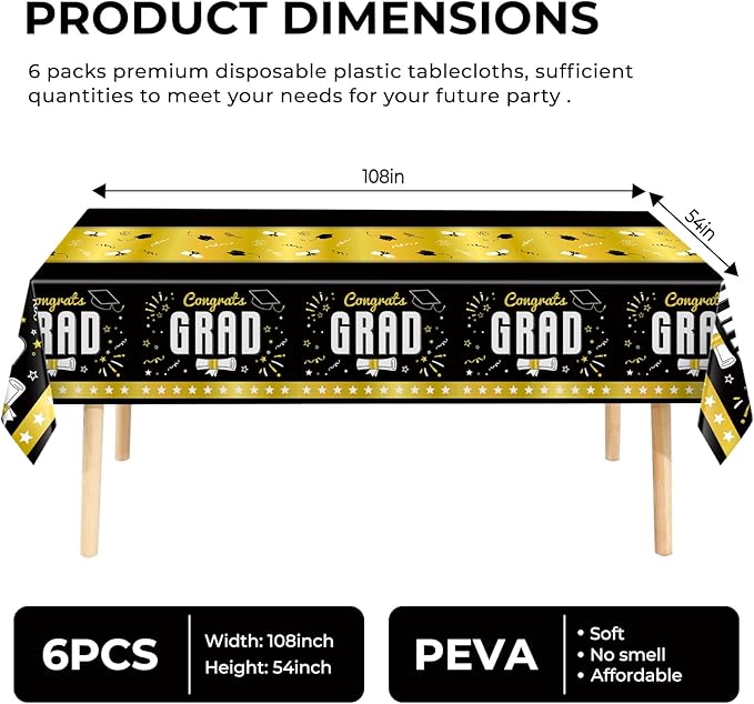 6 Pack Disposable Plastic Tablecloth 54" x 108" Black Class of 2026 Grad Party Table Cloths Disposable for 6 to 8 Foot Tables Graduation Party Indoor or Outdoor (Graduation Black)