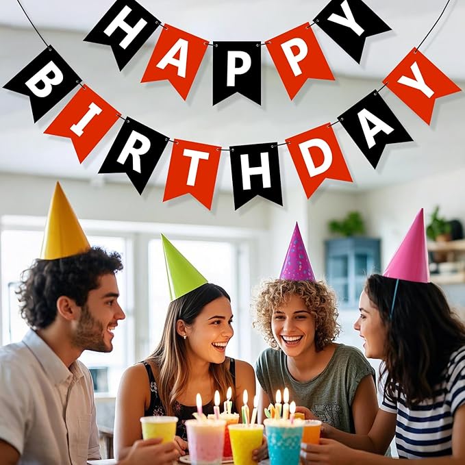 Happy Birthday Banner Sign, Birthday Garland Wall Door Hanging Banners Flag for Women Men Boys Girls Party Backdrop Decorations, Personalized Name Banner White Letters Black and Red