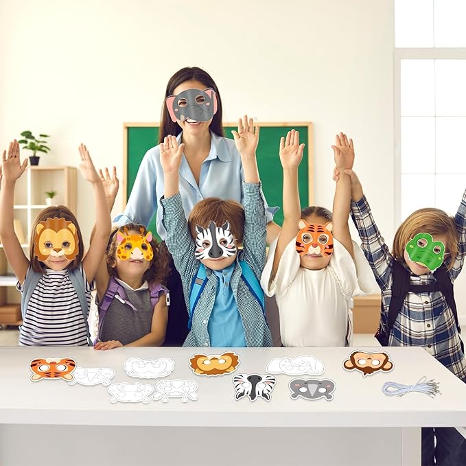 36 Set Animal Coloring Mask Jungle Paper Arts Crafts Kids Color Your Own Wild Lion Blank DIY Mask Masquerade Birthday Party Dress-Up Decoration Favor School Classroom Activity Game Supplies