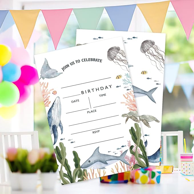 AEHIE 20 Sets Under the Sea Birthday Party Invitations With Envelopes, Sea Creatures Whale Turtle Shark Jellyfish Double-sided Printed Birthday Party Invite Cards for Kids & Adults