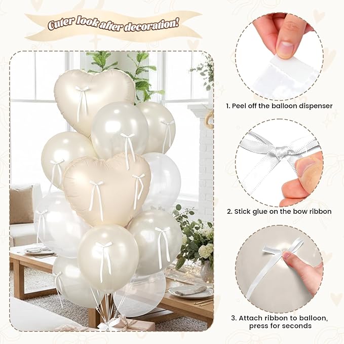 Cream Heart Balloons, 38 Inch Bow Balloons, Double Stuffed Pearl White Balloon with Bow Ribbons for Neutral Birthday Anniversary Wedding Bridal Baby Shower Valentines Day Decorations
