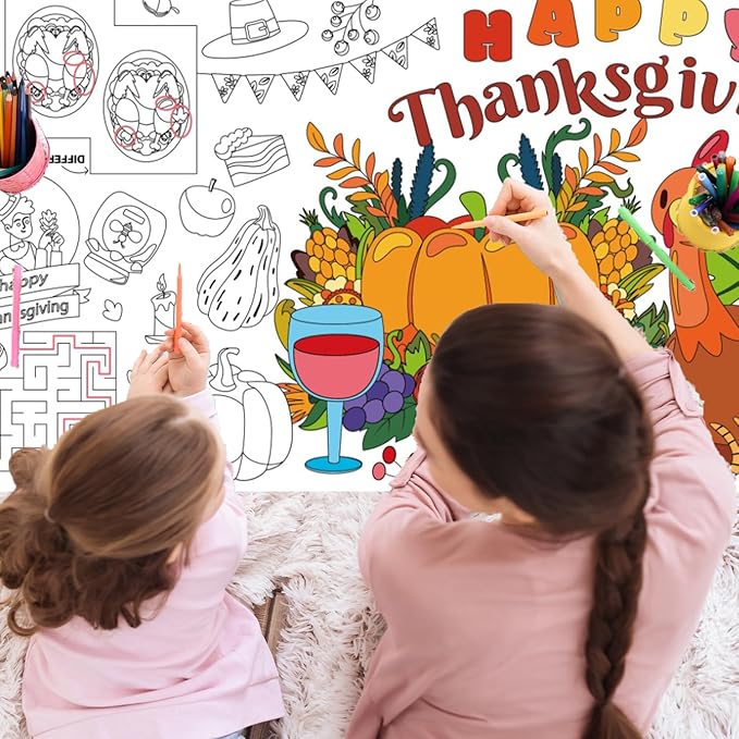 30 x 72 Inches Thanksgiving Giant Coloring Poster/Tablecloth, Paper Table Cover, Jumbo Paper Coloring Banner Games Activities for Kids Gifts, Thanksgiving Party Decorations
