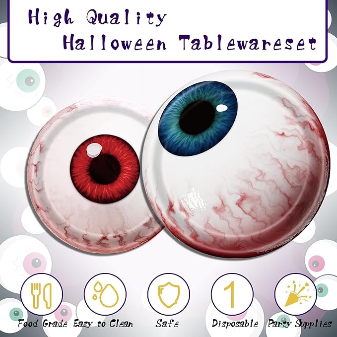 Halloween Party Supplies Decoration Set, 141 Pieces Includes Plates, Napkins, Cups, Tablecloth and Tableware for Halloween Horror Theme Party Decorations, Serves 20 ( Eye Ball )