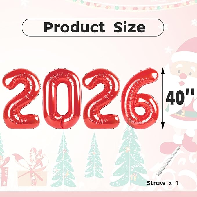 40 Inch 2026 Number Balloons, Red Nye Decorations 2026, New Years Decorations, 2026 Balloon for Graduation Happy New Year and 2 6 20 26 Birthday Parties