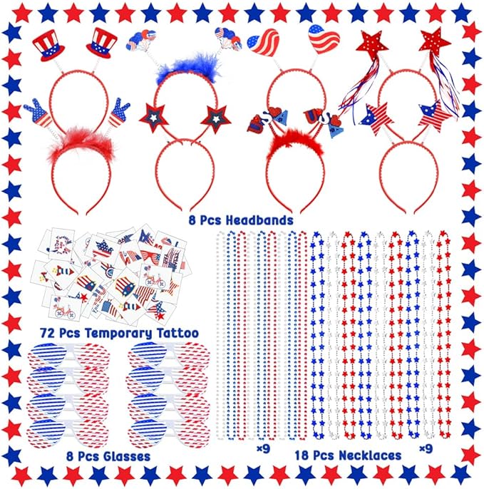 WODMAZ 106 Pcs Patriotic Party Favors, Fourth of July Accessories of Headbands Star Bead Necklaces Glasses Tattoo Stickers for 4th of July Independence Day Memorial Day