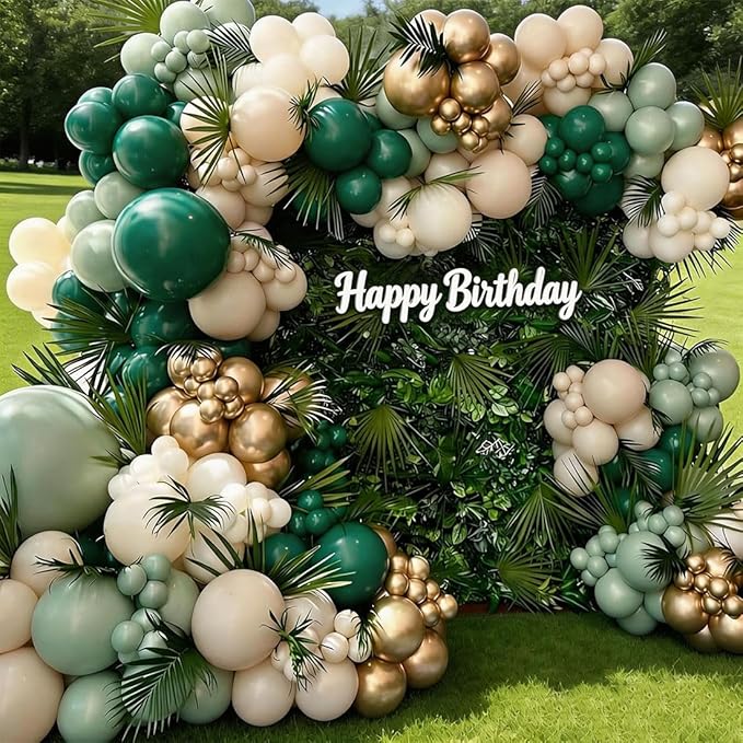 Emerald Green White Gold Balloons Arch Kit, Dark Green Sage Dusty Olive Green Sand White Gold Balloons Garland for Birthday Wedding Jungle Safari Party