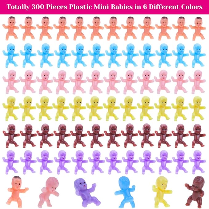 selizo Mini Plastic Babies for Baby Shower, 300pcs Tiny Baby Figurines Mini Babies Bulk for Ice Cube Babies, Small King Cake Babies, My Water Broke Baby Shower Games (6 Colors)