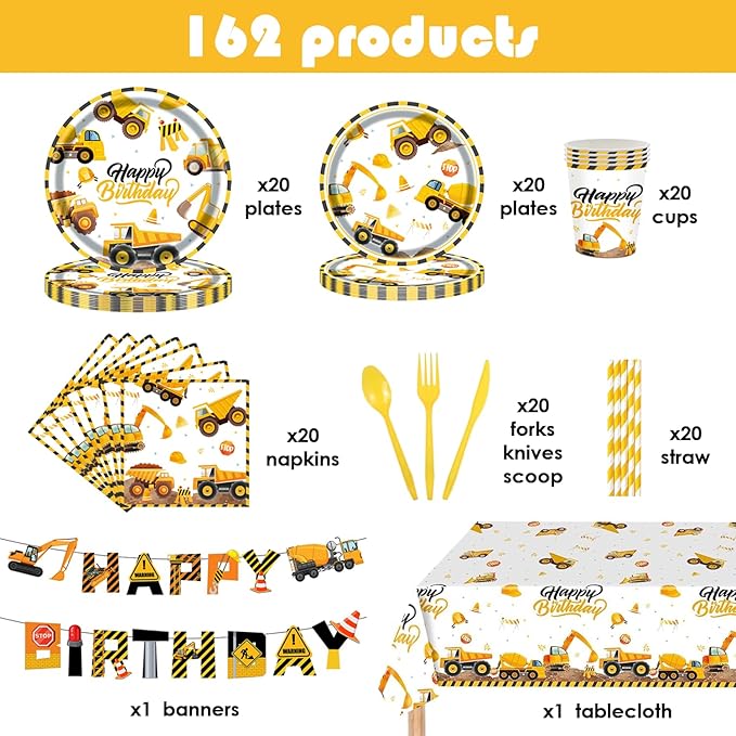 194Pcs Construction Plates Birthday Party Supplies Decorations Serve 24 | Includes Napkins Cups Tablecloth and Banner | Boys Construction Themed Birthday Party