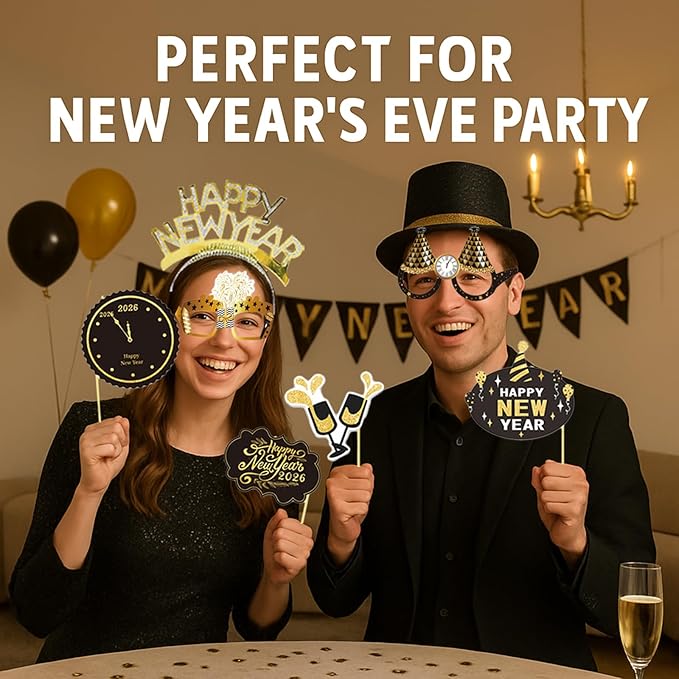 New Years Eve Party Supplies 2026 – 65 PCS Celebration Kit with Headbands, Cone Hats, Glasses, Necklaces, Noise Makers, Photo Booth Props & Wristbands – Gold Silver Happy New Year Decorations