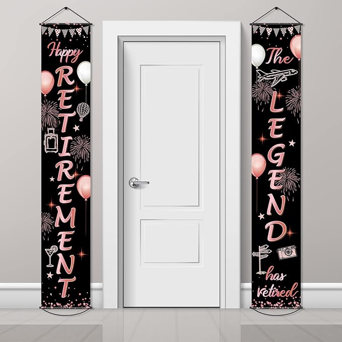 Boao Retirement Porch Sign Door Hanging Banner, Retirement Banner the Legend Fabric Door Sign Background for Retire Party Decoration Supplies, 71 x 12 Inches(Black and Rose Gold)