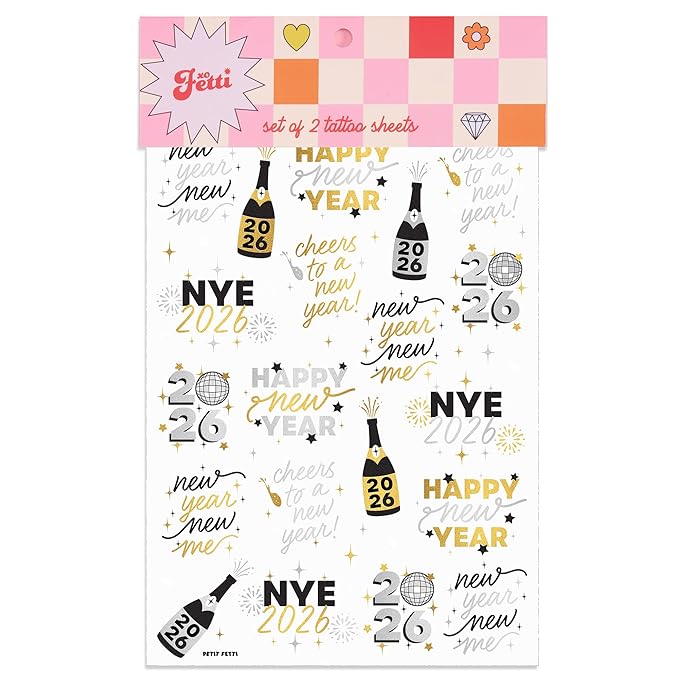xo, Fetti New Year's Eve Party Supplies Tattoos - 40 Gold and Silver Foil Styles | NYE Party Favors, Disco Celebration Decorations, NYE 2026 Decor