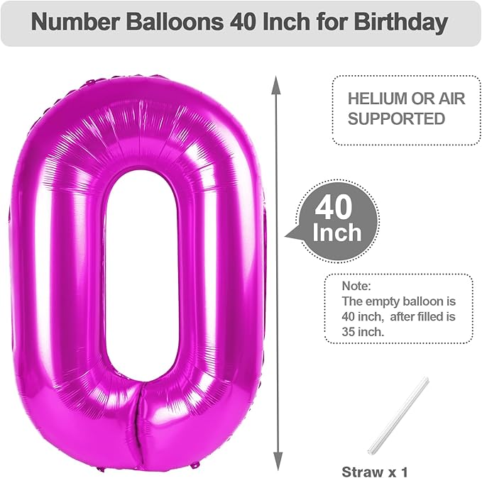 40 Inch Numbers Balloon, Rose Purple Balloons for Birthday Party Decoration, Foil Number 0 Ballon for 0, 10, 20, 100, 2026 Celebration, Birthday, Baby Shower, Anniversary Decor