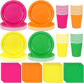 Whaline 244Pcs Neon Tableware Set Serves 48 Bright Color Disposable Dinnerware 48 9" Plates 48 7" Plate 48 9oz Cups 100 Napkins for Fiesta Neon Glow Party Supplies
