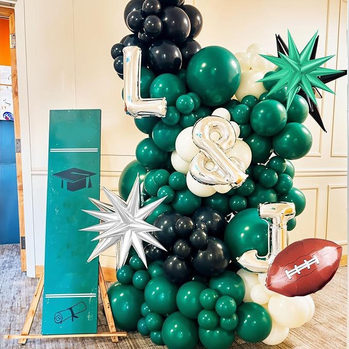 Football Balloon Arch Kit, Dark Green Brown White Black Checkered Football Foil Party Balloons with Star Foil Balloons for Boy Men Sport Birthday Party Decorations Baby Shower Graduation Supplies