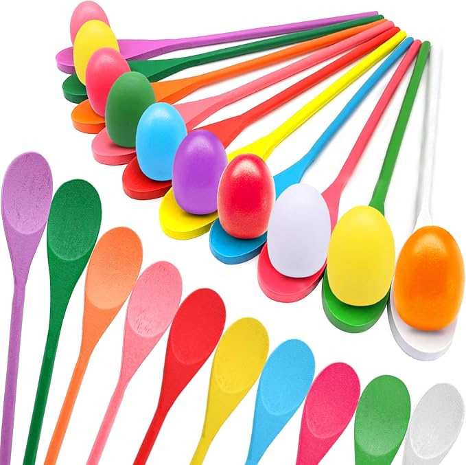 TOPLEE 20 Pcs Easter Egg and Spoon Race Game Set, 10 Players Balance Relay Easter Games Include 10 Eggs and Wooden Spoons for Kids Family Carnival Outdoor Games Holiday Birthday Party Supplies