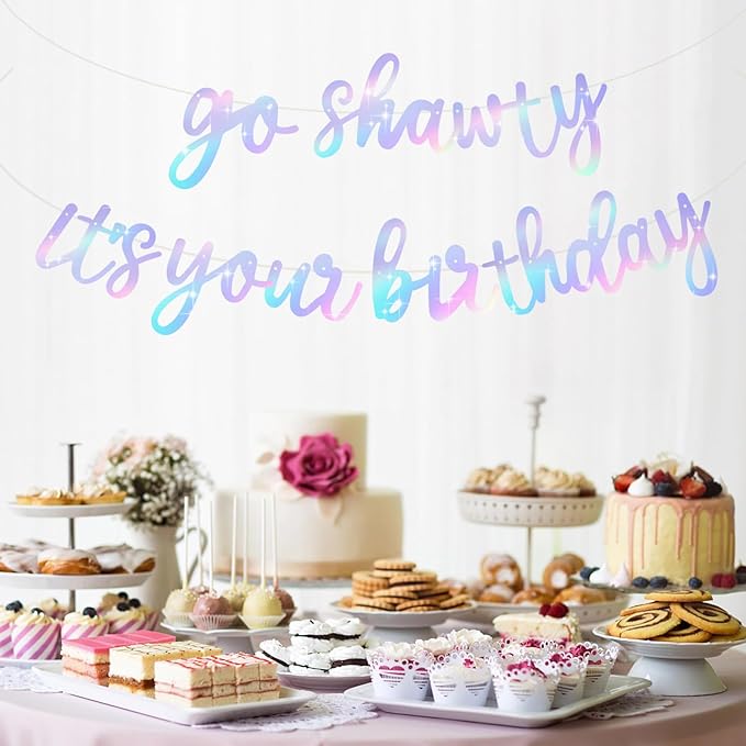 BEISHIDA Iridescent Go Shawty It's Your Birthday Banner - NO DIY - Hip Hop Theme Glitter Happy Birthday Banner - Pre-Strung - Black Rap Theme Happy Birthday Sign for Man Women birthday Party Supply