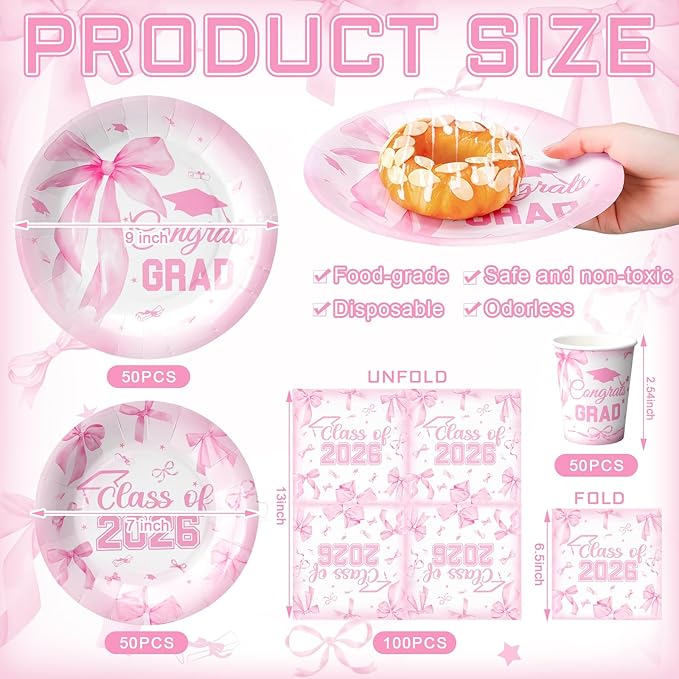 Hsei 250 Pcs Pink Graduation Disposable Plates and Napkins Bow Congrats Grad Disposable Tableware Set for 50 Guests Pink Paper Plates Napkins Cups for Girls Nurses Graduation Party Supplies
