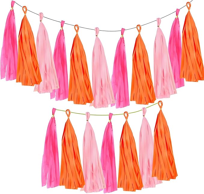 Hot Pink Orange and Pink Tassel Garland Banner - Handmade Paper Tassels for Party Decorations, Wedding Backdrop, DIY Craft Projects (30-Pack)
