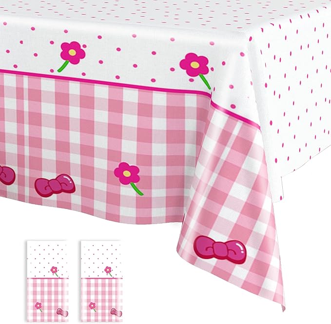 Pink Bow Flower Tablecloth 2 Packs, Pink White Gingham Cute Plastic Tablecloths Disposable Birthday Party Decoration, 54" x 108" Waterproof Tablecloth for Girls Birthday Princess Party Supplies