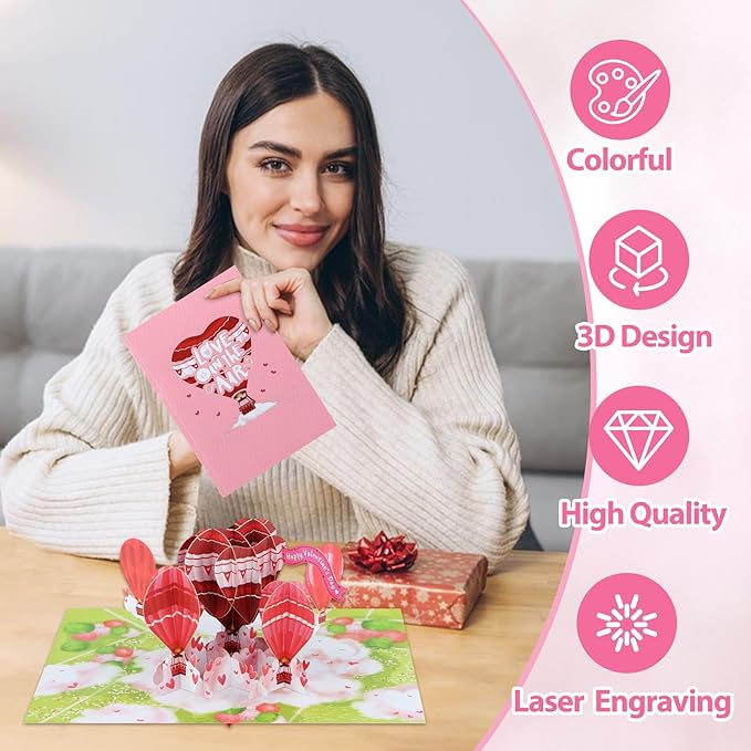 FaCraft Valentines Day Card - 3D Hot Air Balloon Happy Pop Up Valentines Cards with Envelope, Balentines Day Gift for Him Her Wife Husband Boyfriend Adults