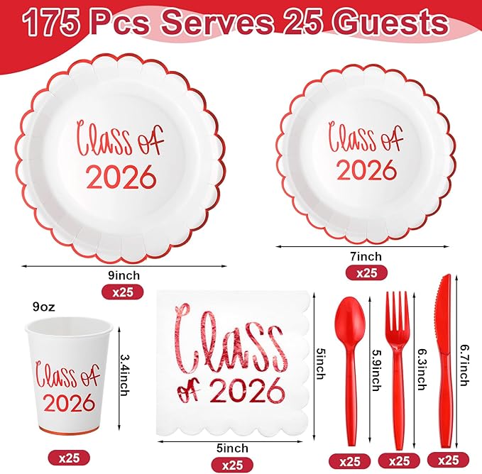 Class of 2026 Graduation Party Supplies, 175 Pcs Congrats Grad Paper Plates Napkins and Cups Cutlery Disposable Tableware Set for College High School Congrats Decorations, Serves 25(Red)