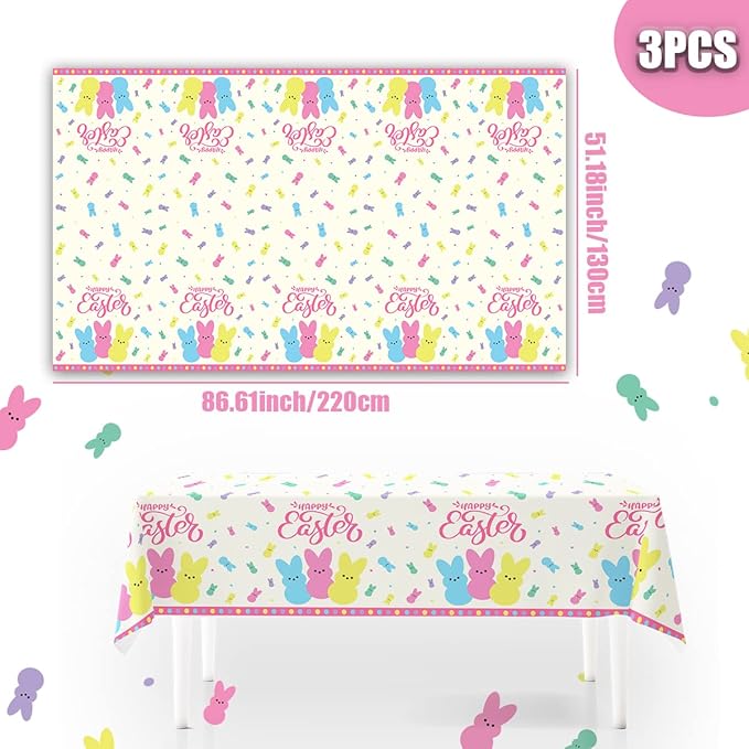 3Pcs Easter Tablecloth,Easter Party Supplies Spring Colorful Bunny Plastic Table Cover Table Decoration for Spring Holiday,Baby Shower Party Decorations